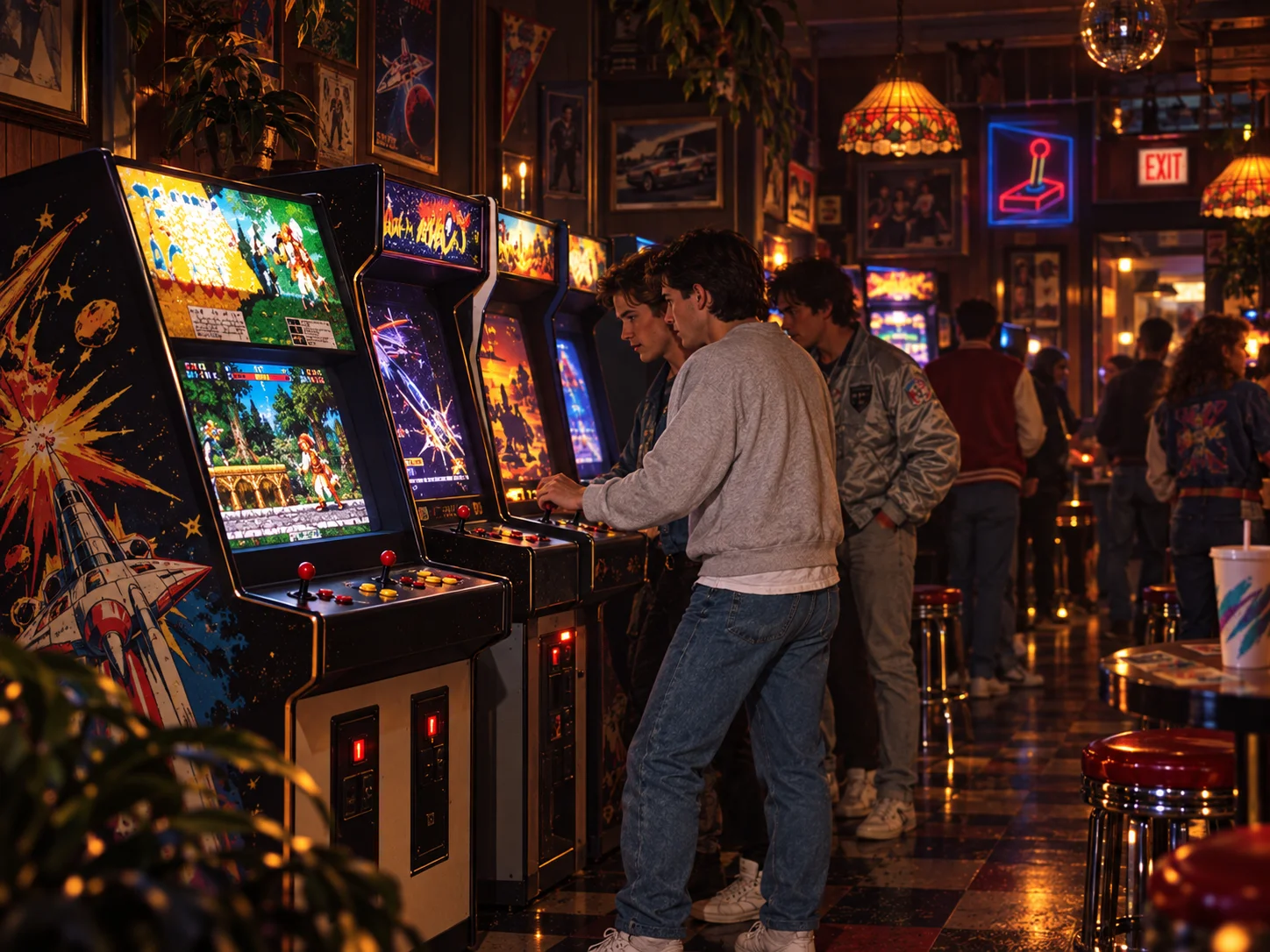 Salle d'arcade classique évoquant les débuts du jeu vidéo