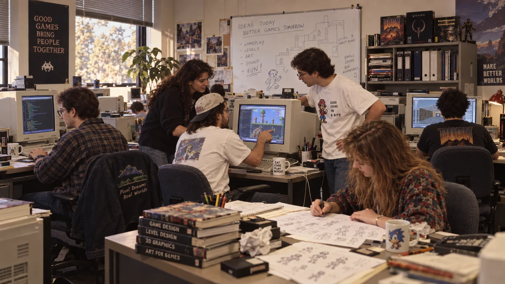 Équipe de développeurs travaillant sur des jeux vidéo rétro